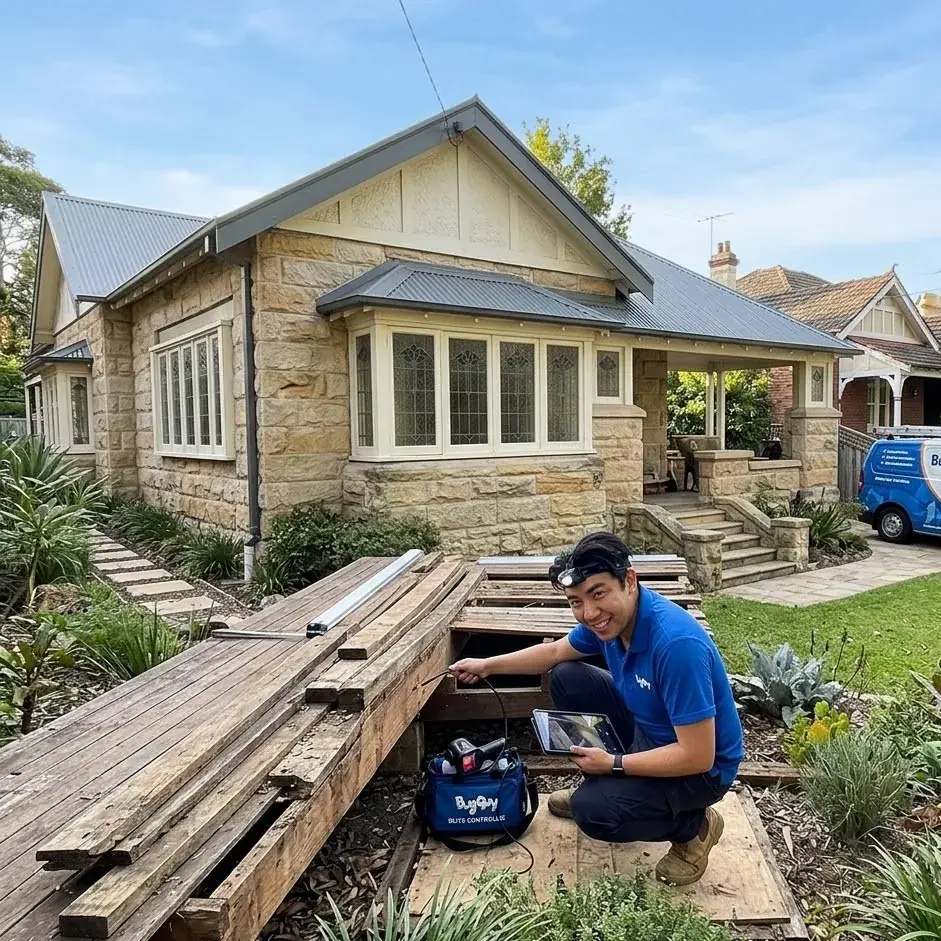 Mark Chan of The Bug Guy in branded uniform working at a Sydney home, his marked van in the driveway