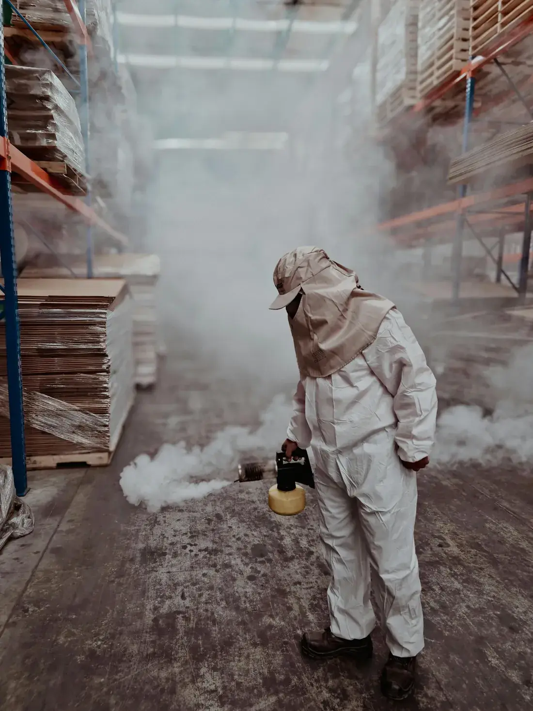 Termite treatment being applied at a warehouse in protective gear